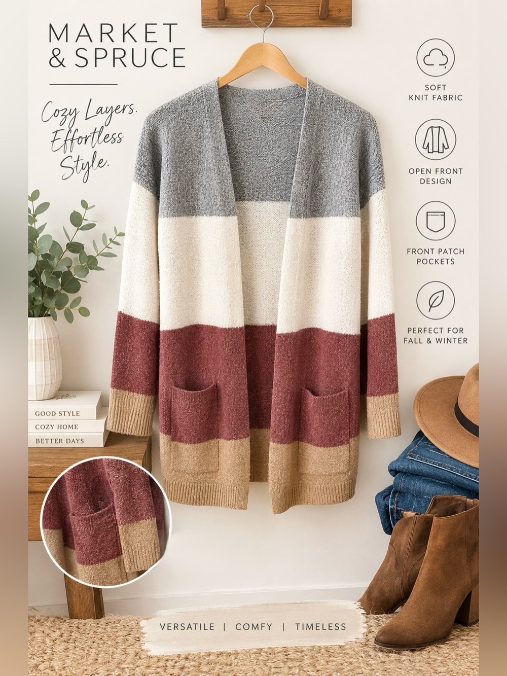Market & Spruce Color Block Open Front Cardigan Sweater Med Gray Cream Burgundy